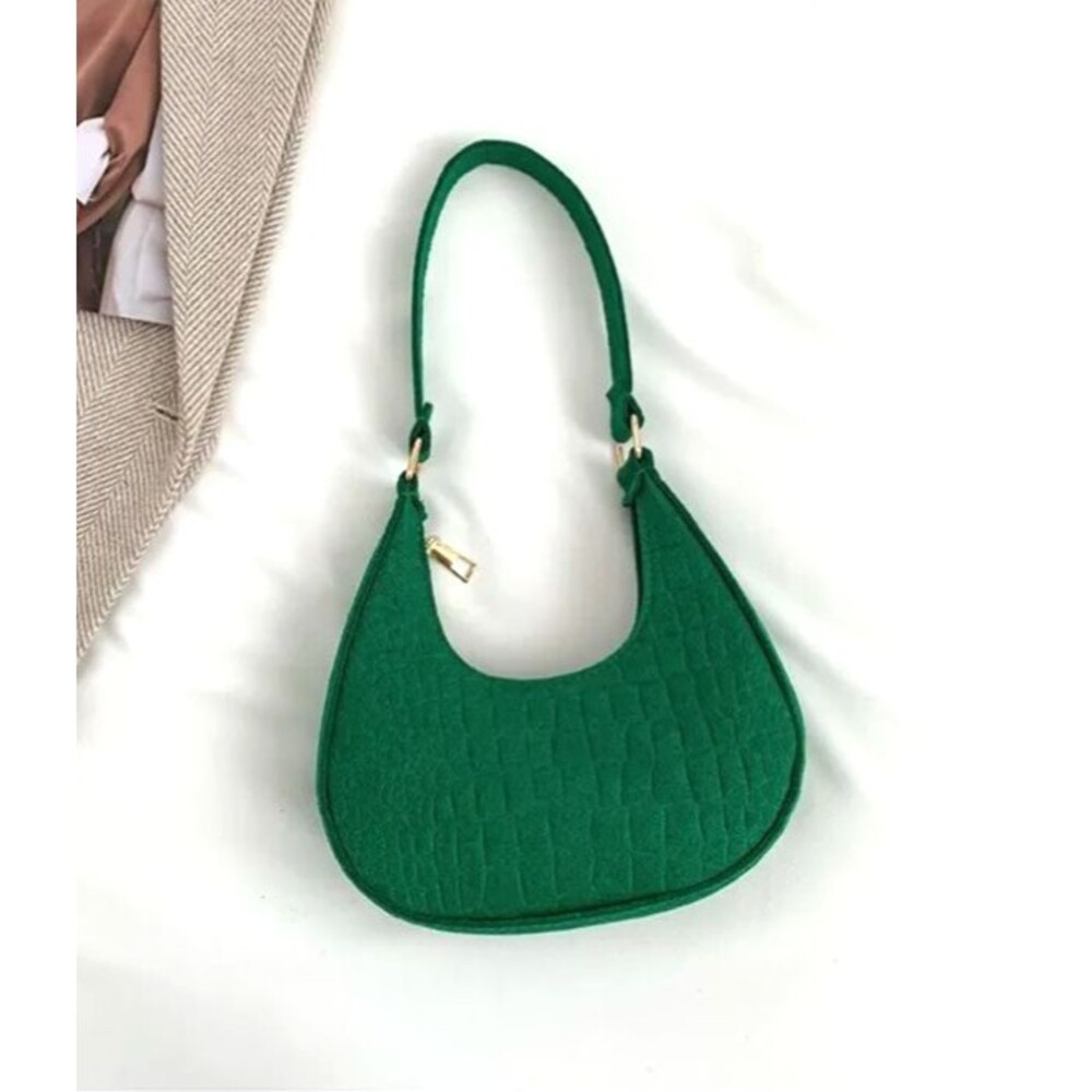 Emerald Green Croc Embossed Felt Crescent Shoulder Bag Gold Hardware NEW - Picture 6 of 8
